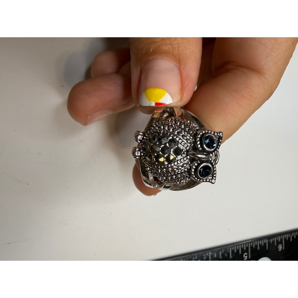 RSC Silver Tone Owl Statement Ring Blue Crystal Eyes Marcasite Accents Sz 10.25